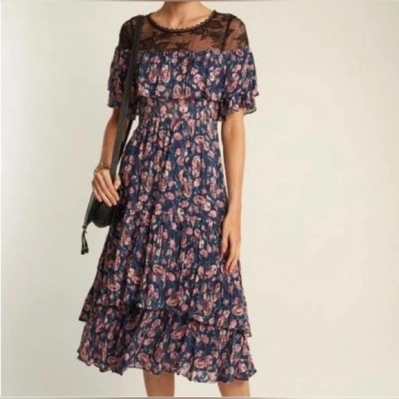 Rebecca Taylor Dresses & Skirts - Rebecca Taylor Tea Rose Floral Blue Silk Blend Midi Dress, size 2